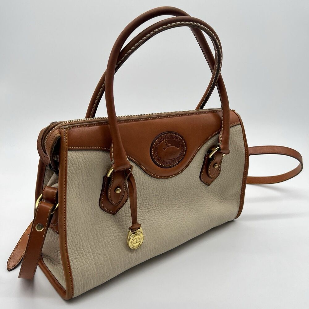 Dooney & Bourke Vintage White Brown Satchel with Logo, Gold Hardware, Bag Charm
